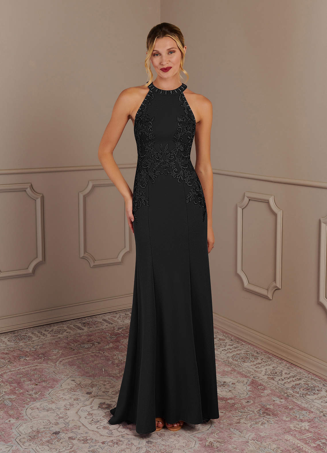 Tyra Mermaid Halter Tulle and Stretch Crepe Mother of the Bride Dress in black