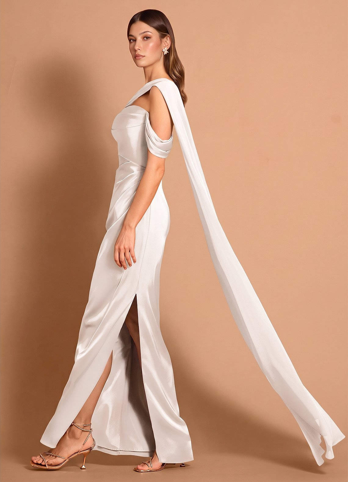 Meliora Asymmetric Strapless Chiffon-Drape Stretch Satin Evening Dress in Cream