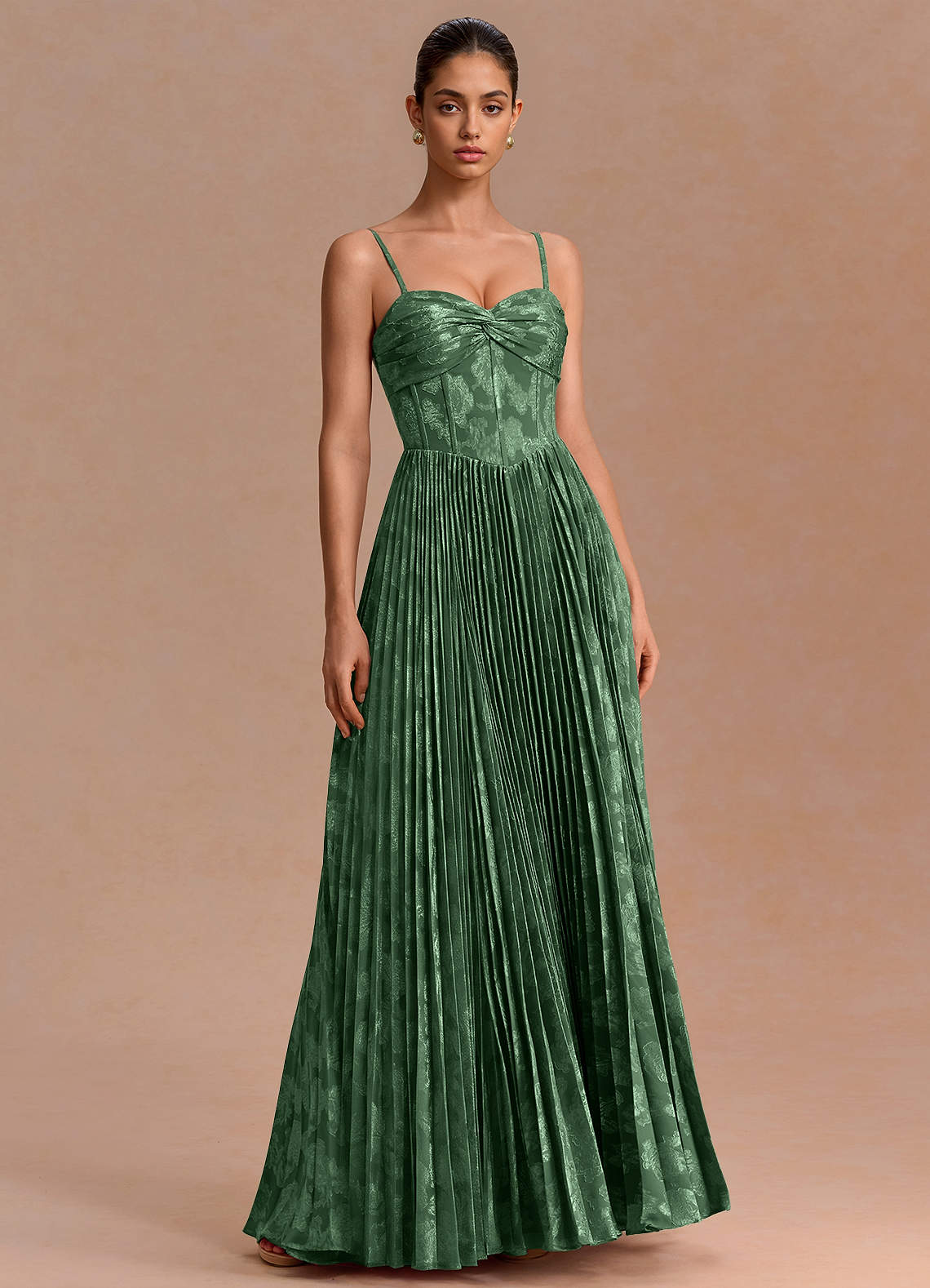 Delfina A-Line Twisted-Bust Fil Coupé Evening Dress in Eucalyptus