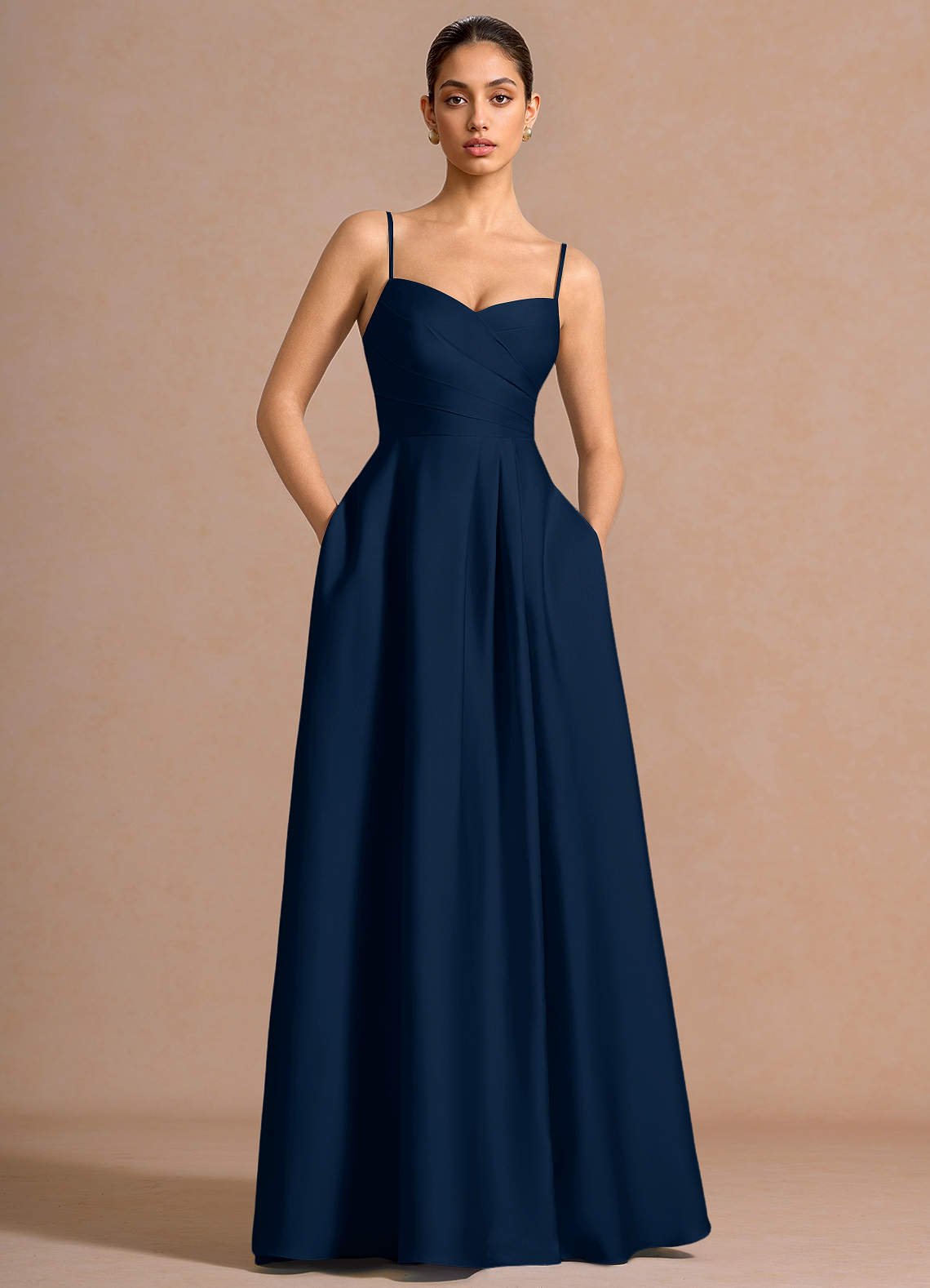 Nancy A-Line V-Neck Stretch Satin and Chiffon Evening Dress in Navy