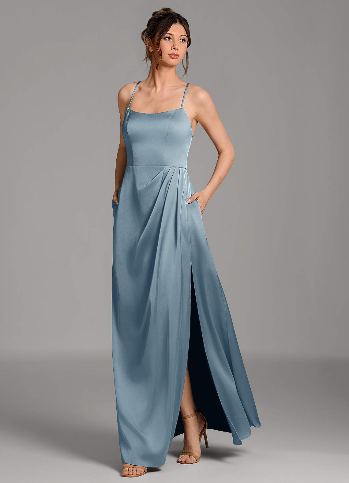 Frankie A-Line Scoop-Neck Stretch Satin Bridesmaid Dress in dusty blue