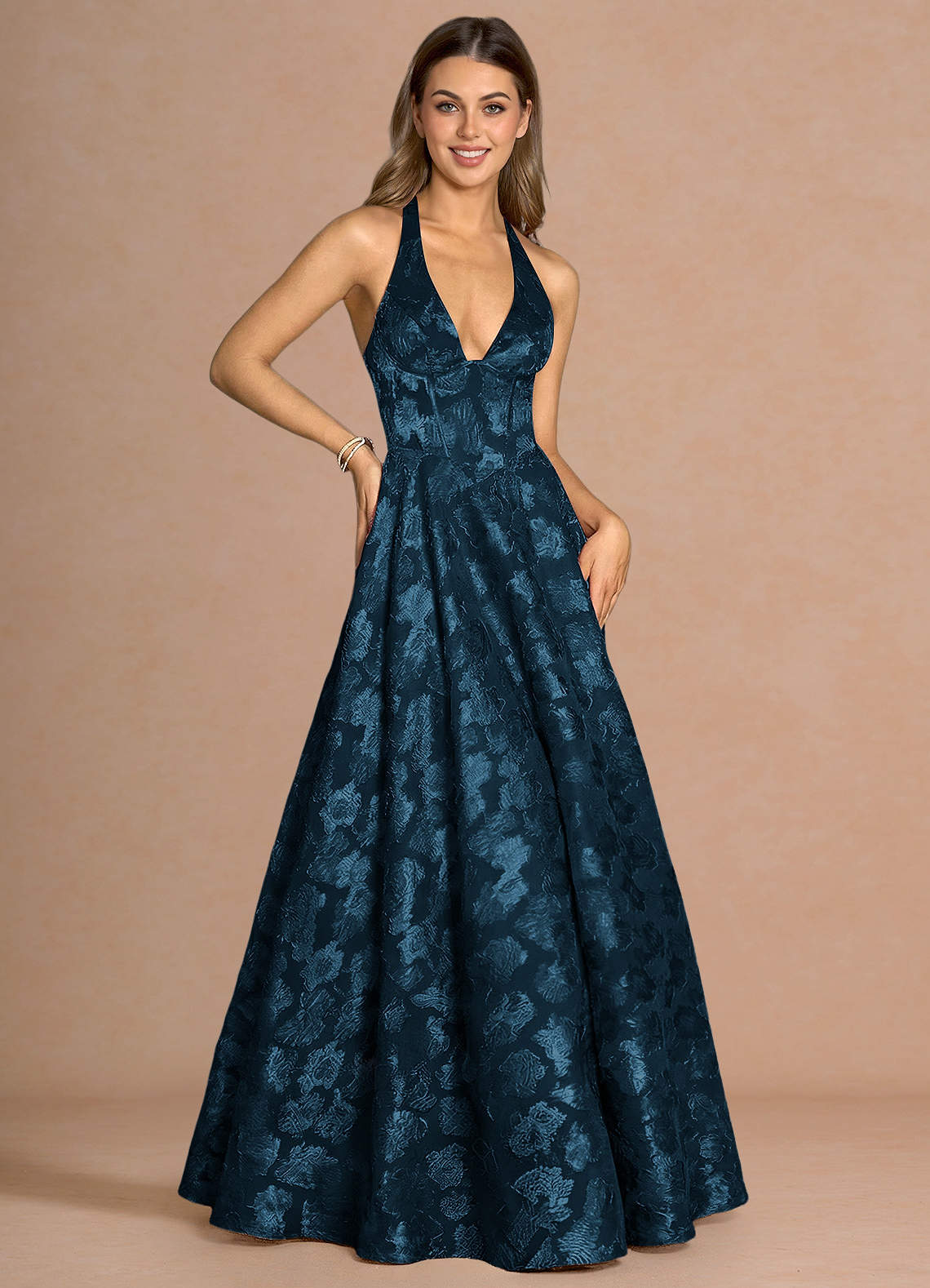 Isabeau A-Line V-Neck Fil Coupé Evening Dress in Navy