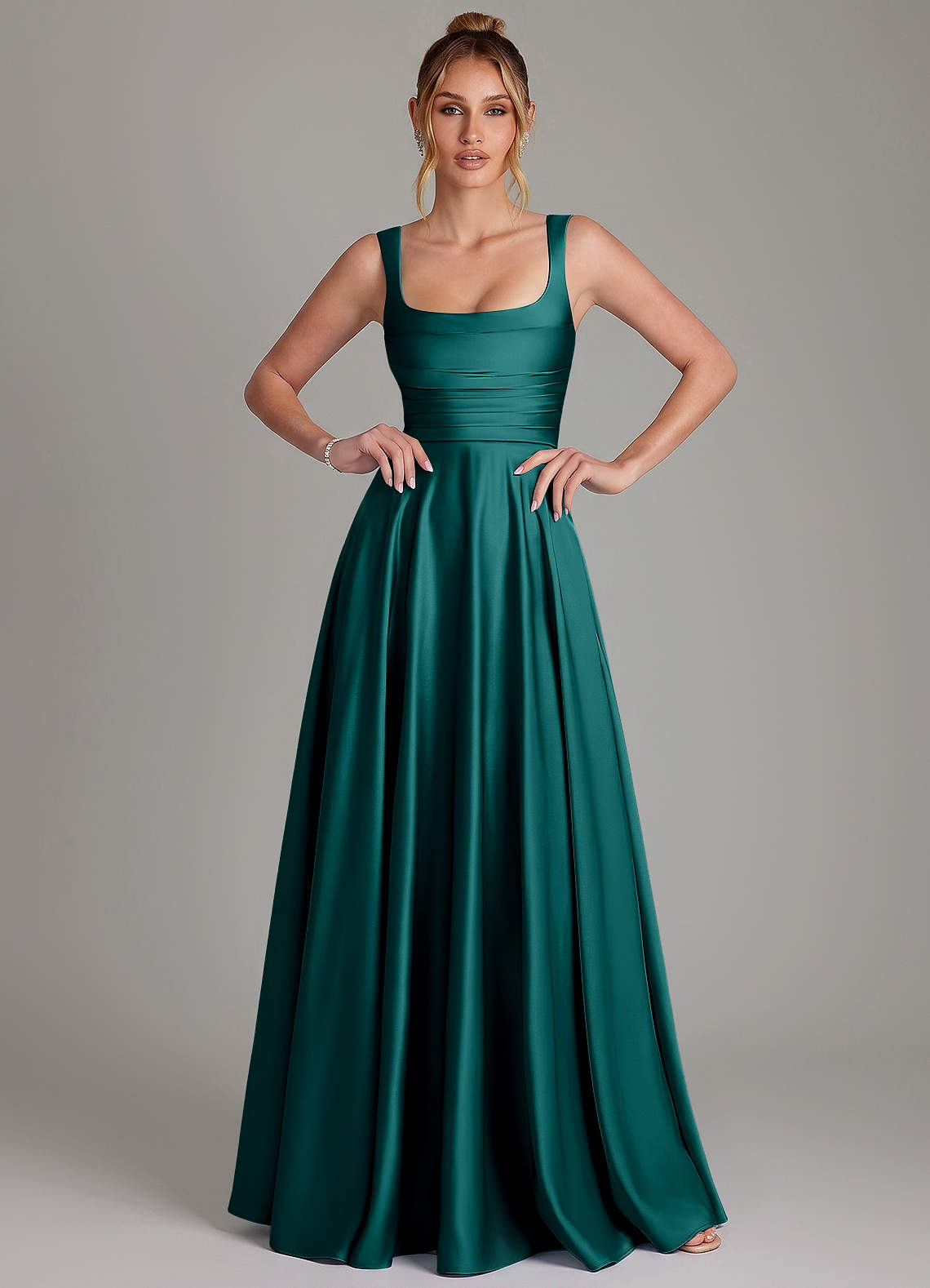 Azaria A-Line Square-Neck Stretch Satin Bridesmaid Dress in Peacock