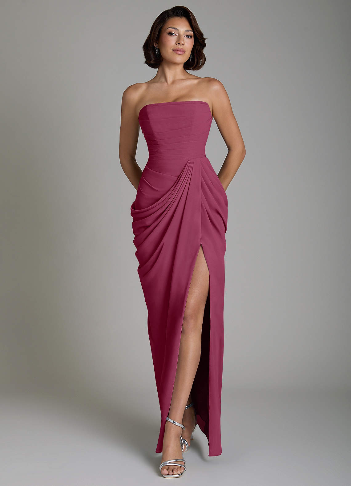 Nyra Sheath Strapless Chiffon Bridesmaid Dress in Mulberry