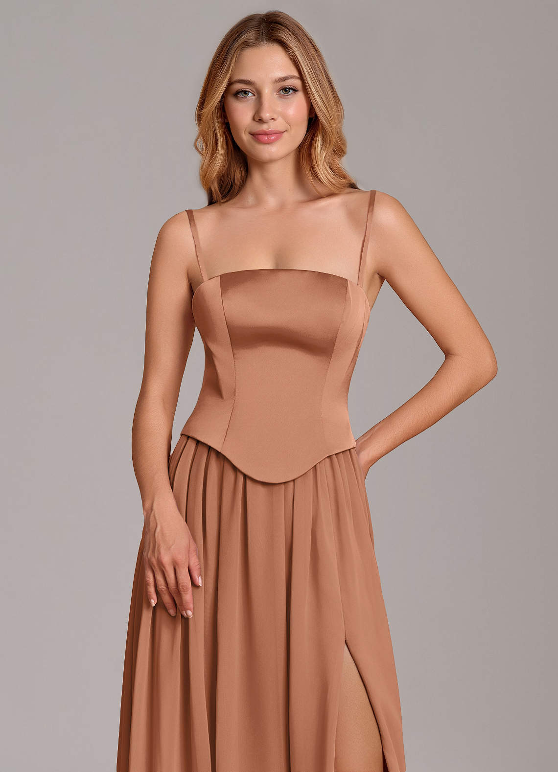 Cadence A-Line Strapless Chiffon and Stretch Satin Bridesmaid Dress in Bronzer