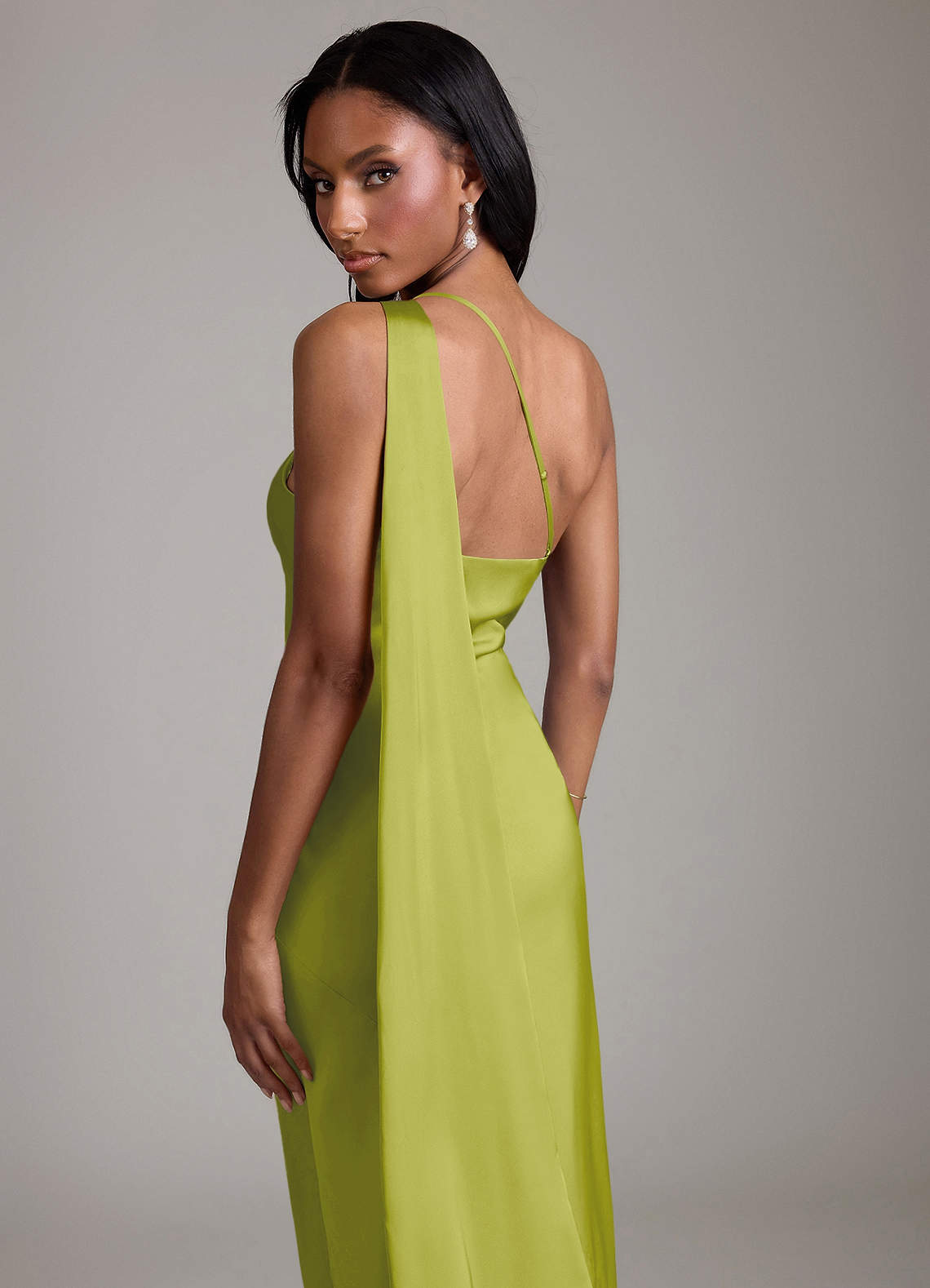 Juniper Mermaid One-Shoulder Stretch Satin Bridesmaid Dress in Lemongrass
