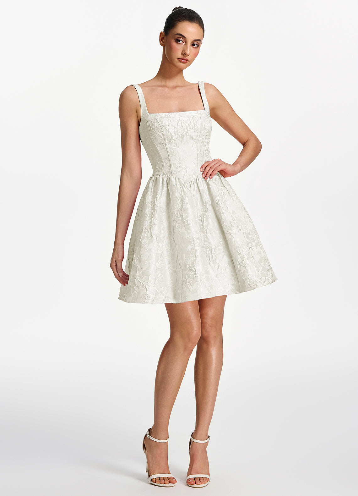 Lionelle Skater Mini Square-Neck Jacquard Prom Dress in White - photo 5