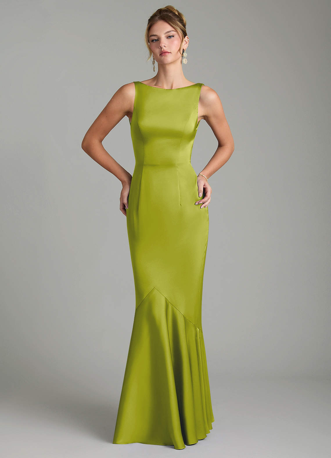 Tamera Mermaid Boat-Neck Stretch Satin and Chiffon Bridesmaid Dress in Lemongrass