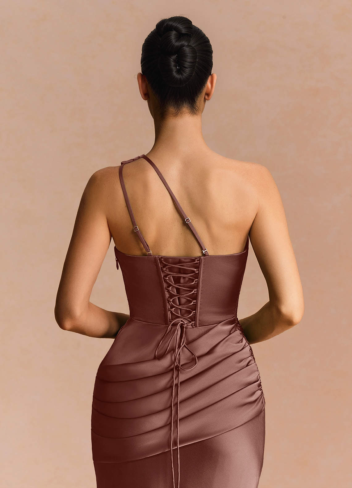 Guinevere One-Shoulder Cutout Stretch Satin Evening Dress in Mocha Coco
