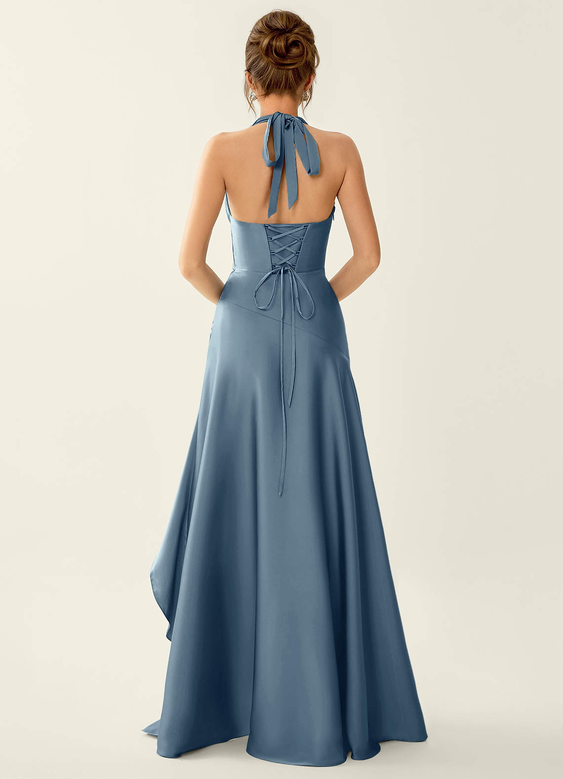 Titania Halter Asymmetric-Ruffle Satin Evening Dress in Powder Blue