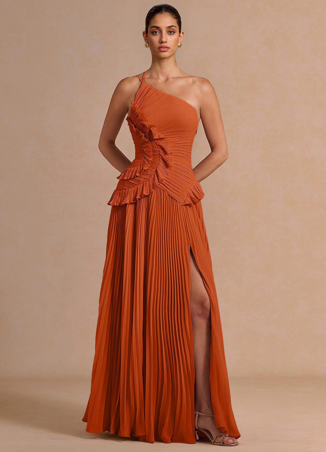 Melody A-Line One-Shoulder Chiffon Evening Dress in Rust