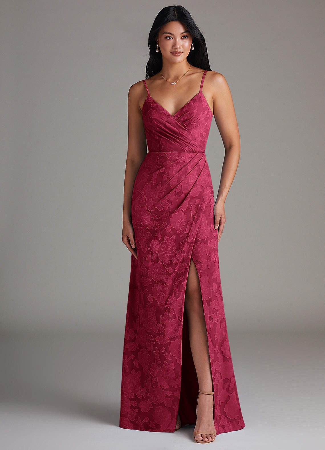 Maci Sheath V-Neck Floral Burnout Bridesmaid Dress in Burgundy
