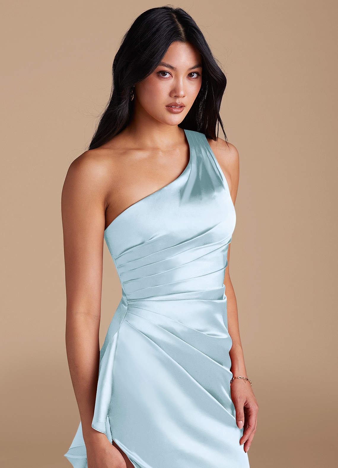Latrice Sheath One-Shoulder Metallic Satin Bridesmaid Dress in Sky Blue