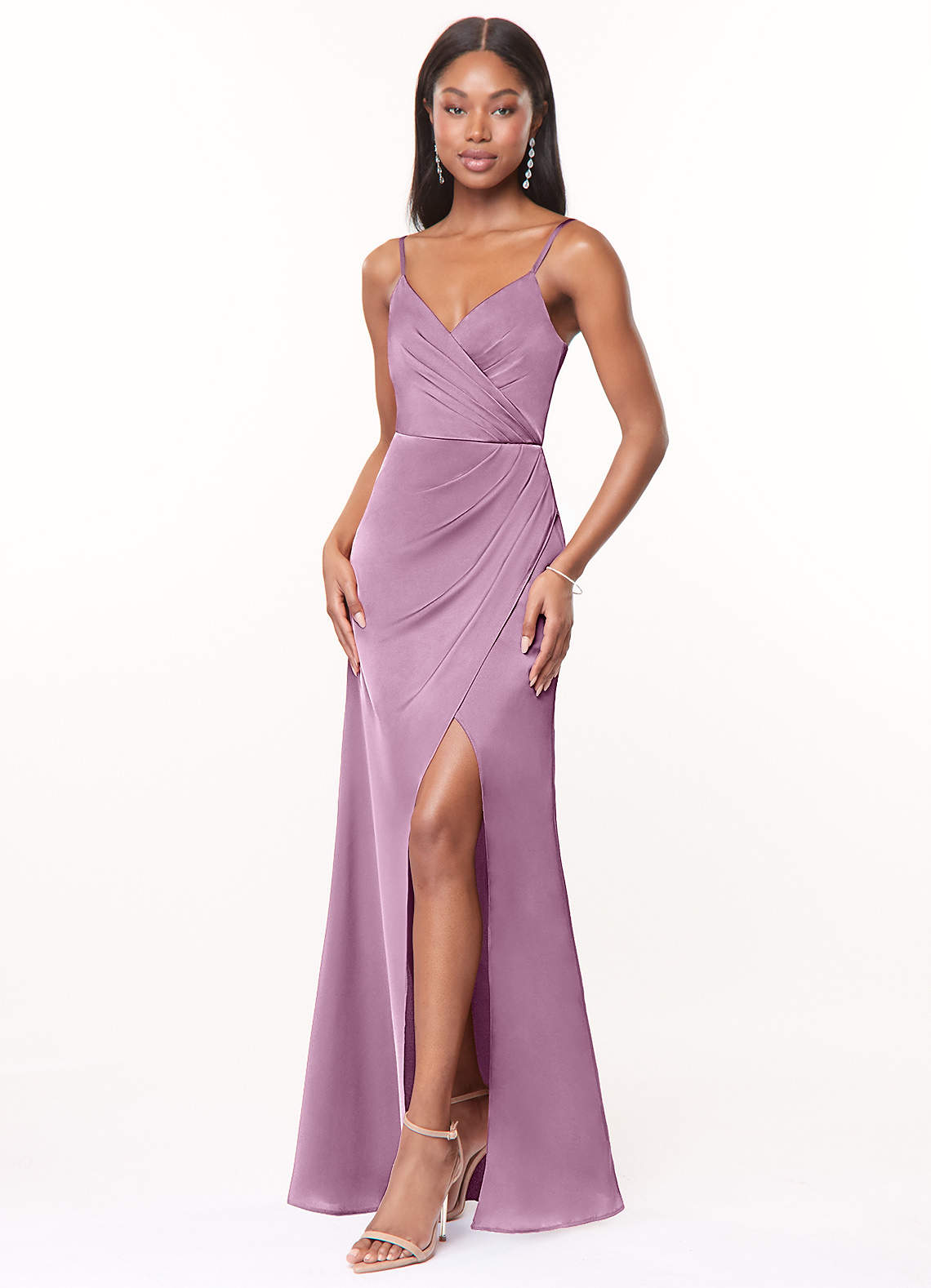 Maci A-Line V-Neck Stretch Satin Bridesmaid Dress in Wisteria