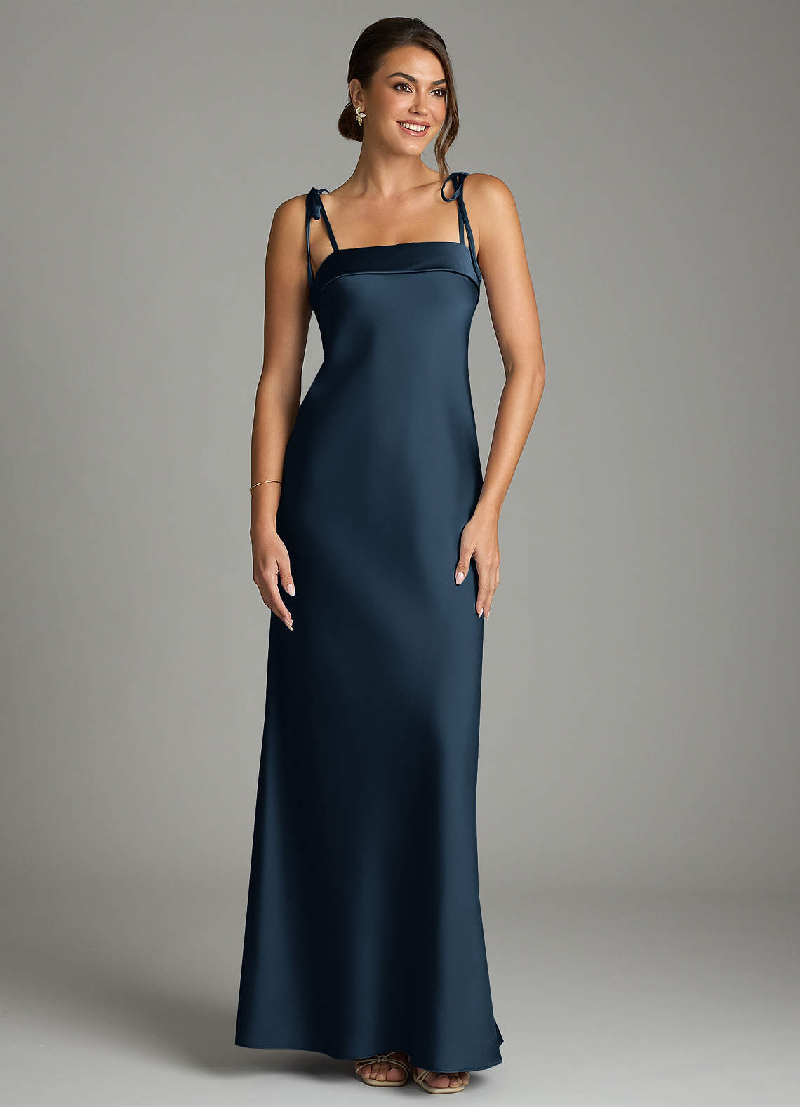 Ellia Sheath Straight-Neck Stretch Satin Bridesmaid Dress in Dark Navy