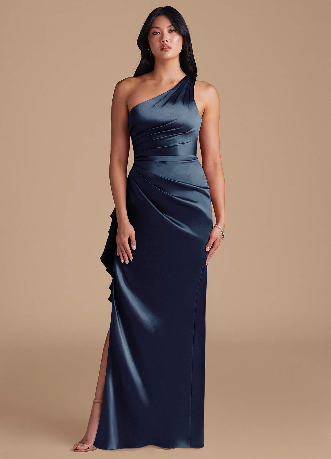 Latrice Sheath One-Shoulder Metallic Satin Bridesmaid Dress in Dark Navy