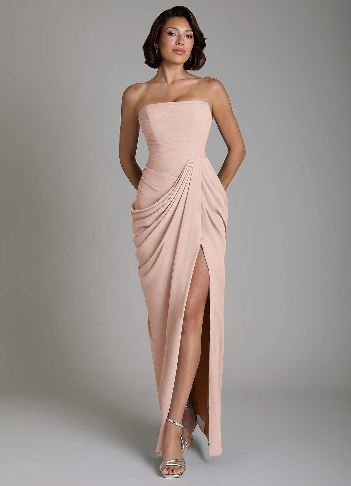 Nyra Sheath Strapless Chiffon Bridesmaid Dress in English Rose