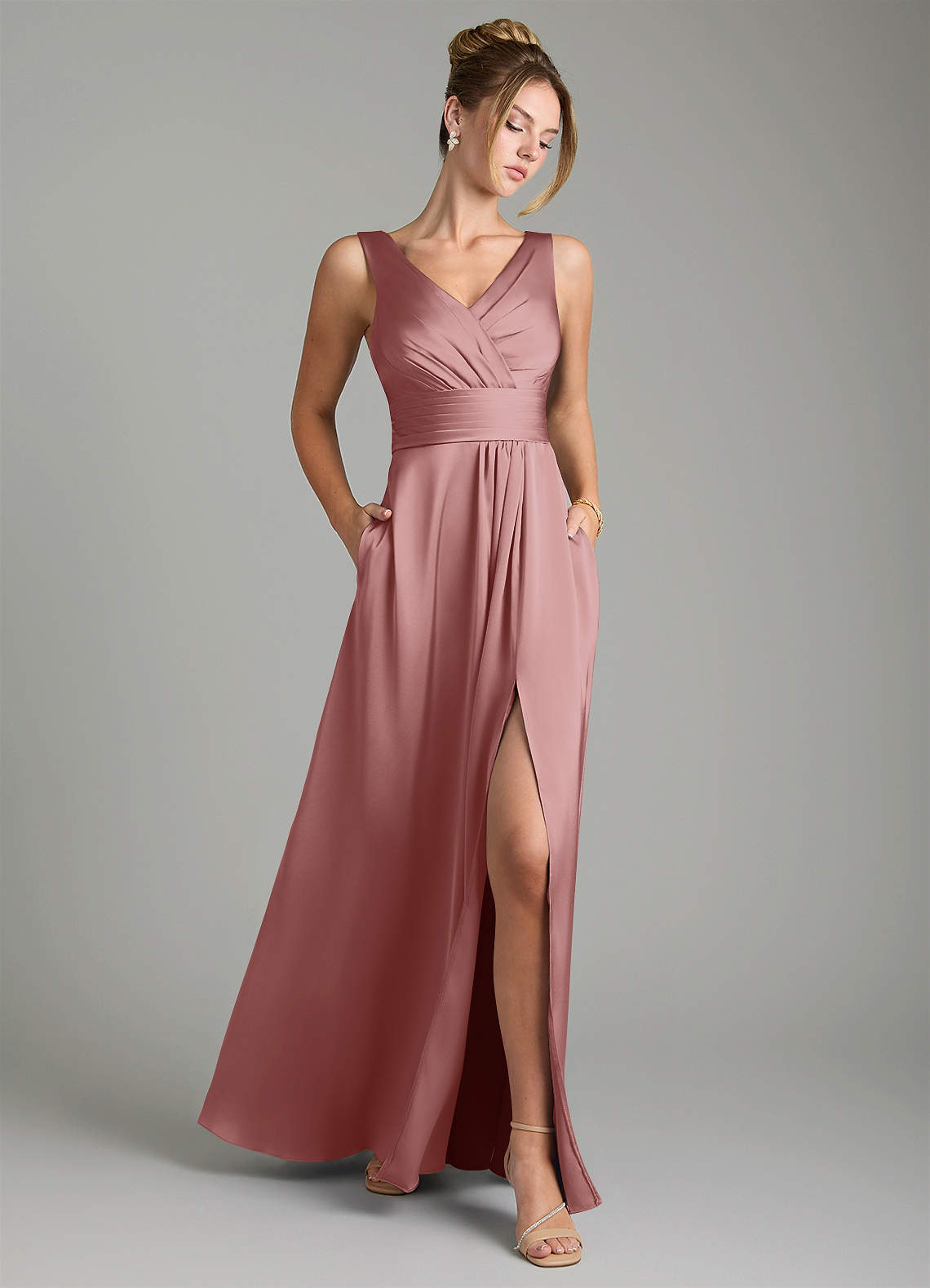 Karina A-Line V-Neck Stretch Satin Bridesmaid Dress in dusty rose