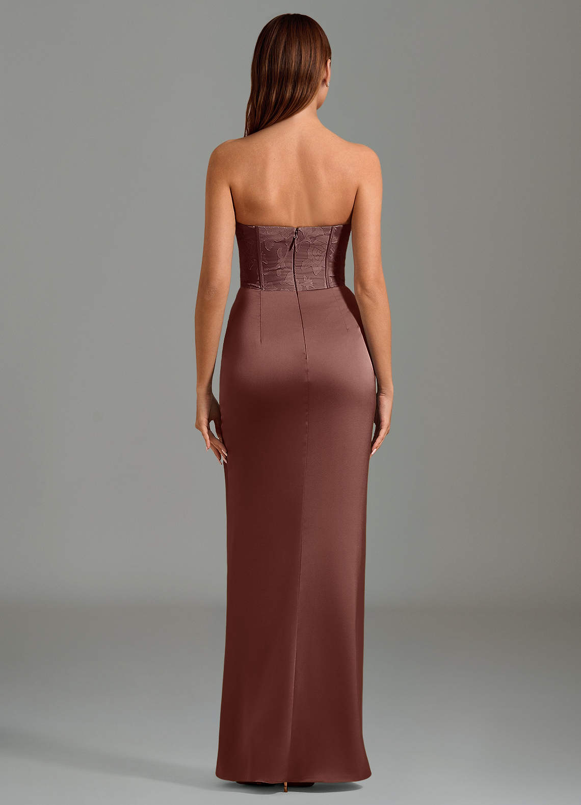 Emilia Mermaid Strapless Stretch Satin and Floral Burnout Bridesmaid Dress in Espresso