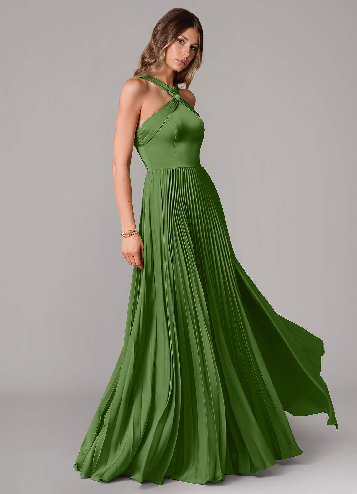Afra A-Line Halter-Neck Stretch Satin Bridesmaid Dress in Basil
