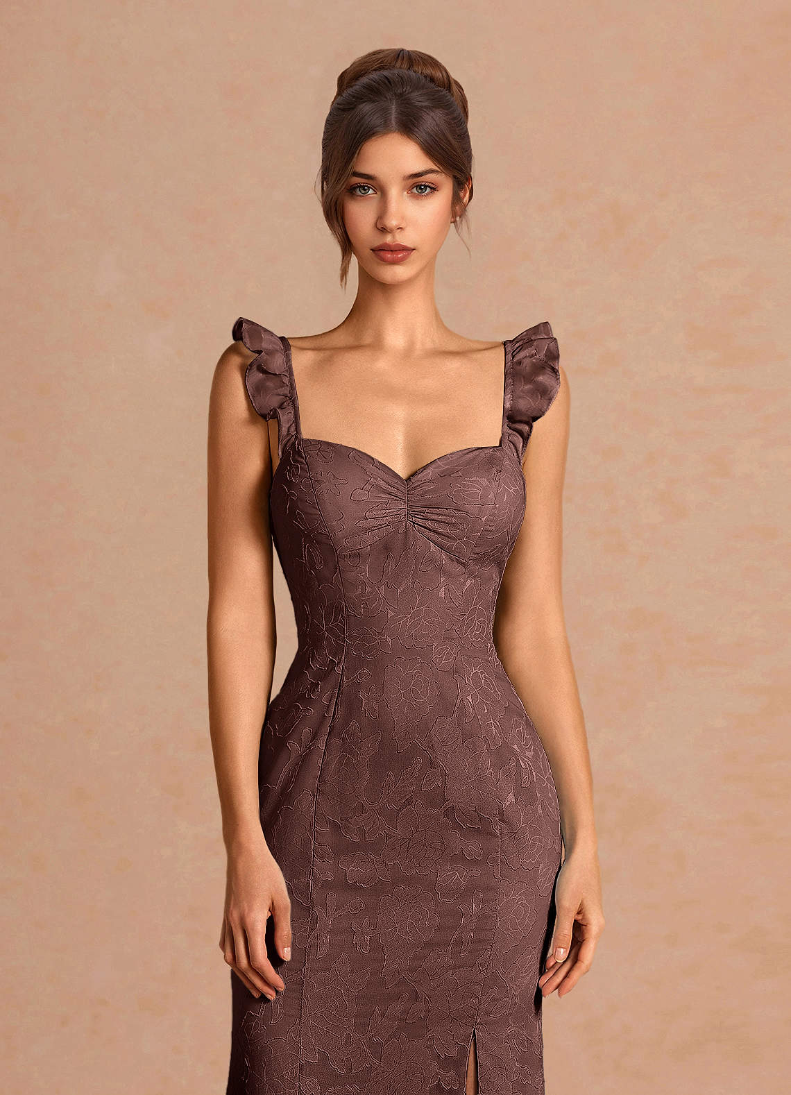 Romilly Mermaid Ruffled Chiffon Burnout Evening Dress in Mocha Coco