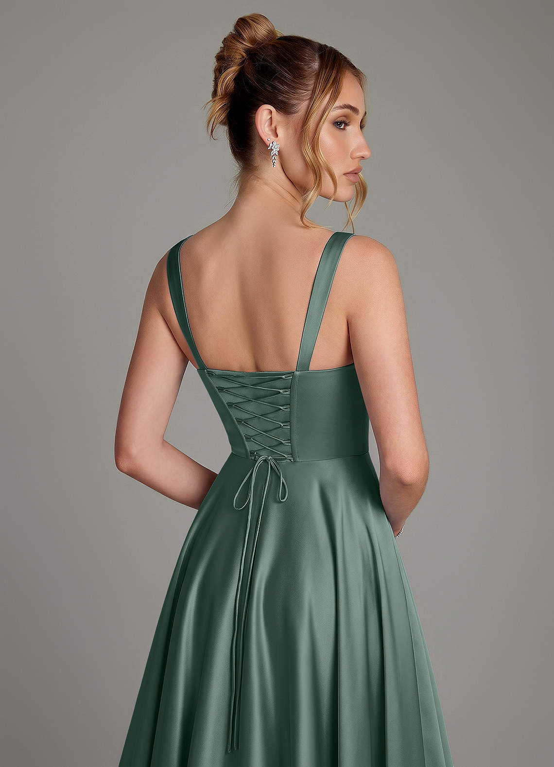 Azaria A-Line Square-Neck Stretch Satin Bridesmaid Dress in Sea Moss
