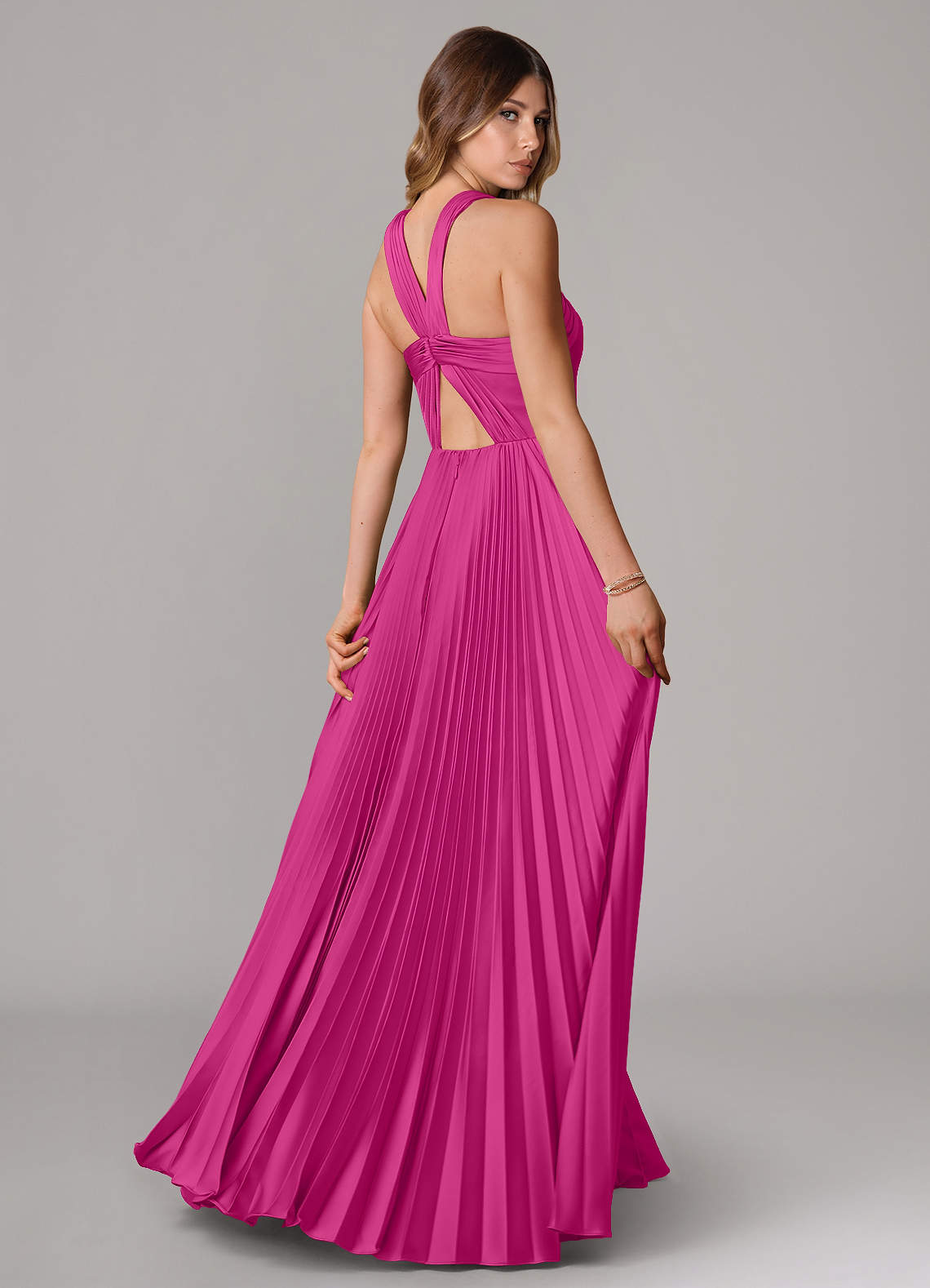 Afra A-Line Halter-Neck Stretch Satin Bridesmaid Dress in Fuchsia
