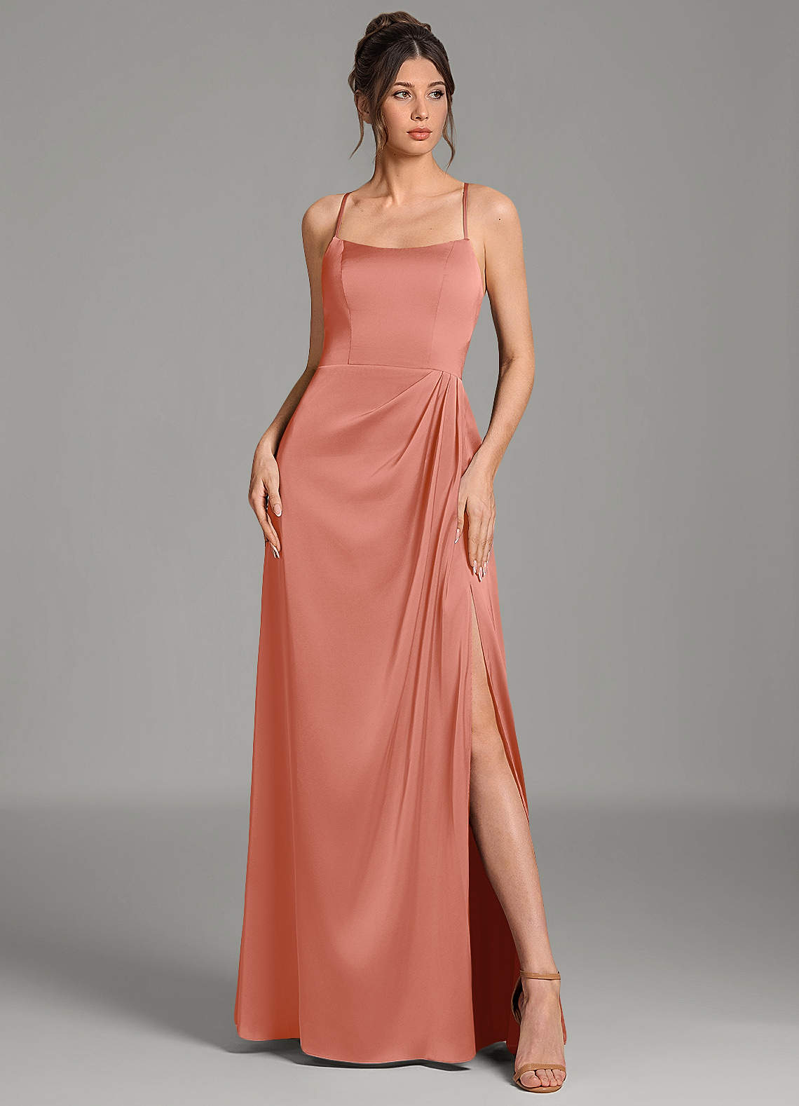 Frankie A-Line Scoop-Neck Stretch Satin Bridesmaid Dress in Salmon Pink