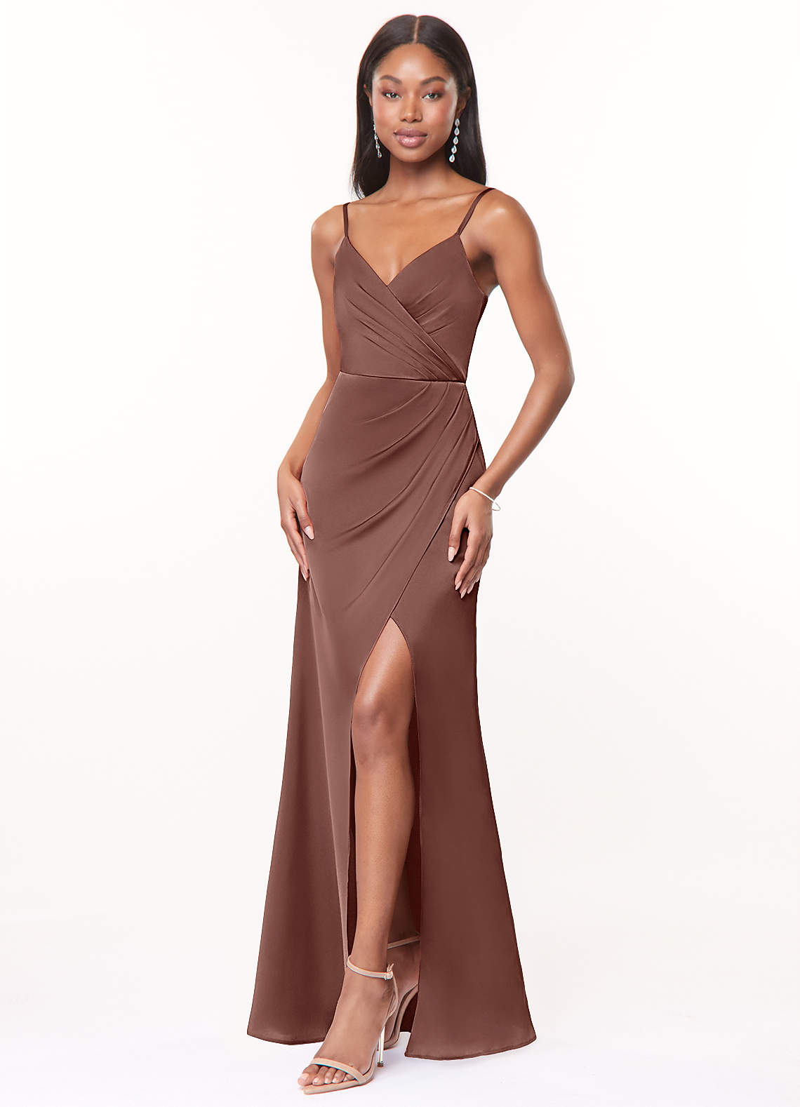 Maci A-Line V-Neck Stretch Satin Bridesmaid Dress in Espresso