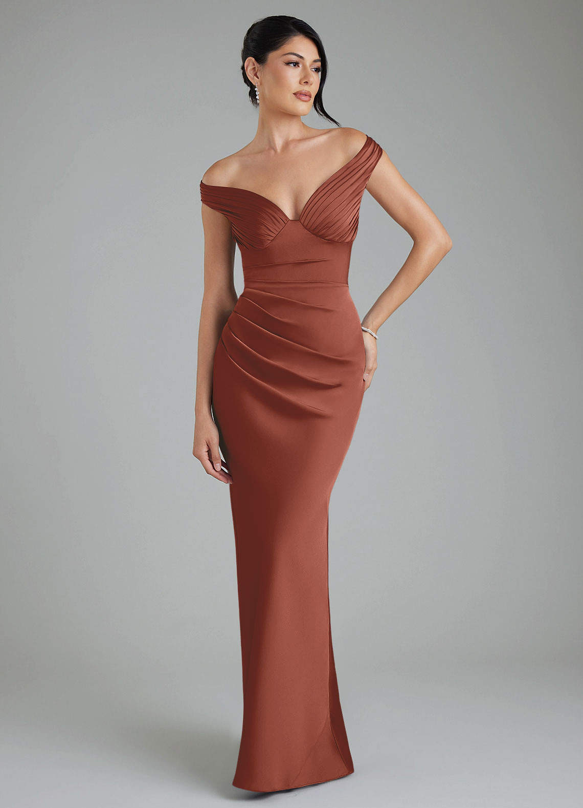 Stella Sheath V-Neck Stretch Satin Bridesmaid Dress in Auburn
