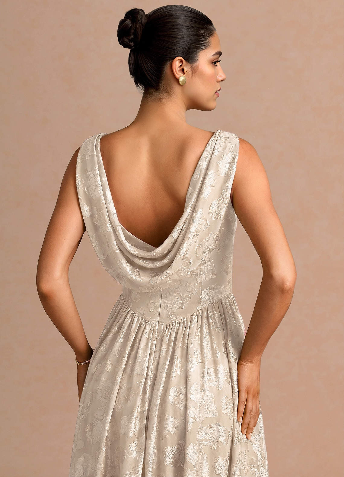 Novi A-Line Draped-Neck Floral Fil Coupé Evening Dress in Cream