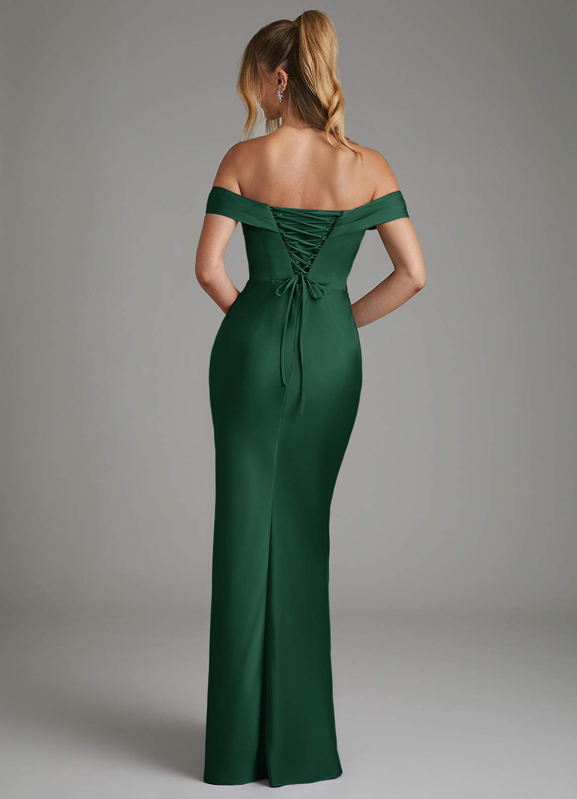 Hayden Mermaid Off-the-Shoulder Stretch Satin Bridesmaid Dress in Dark Green