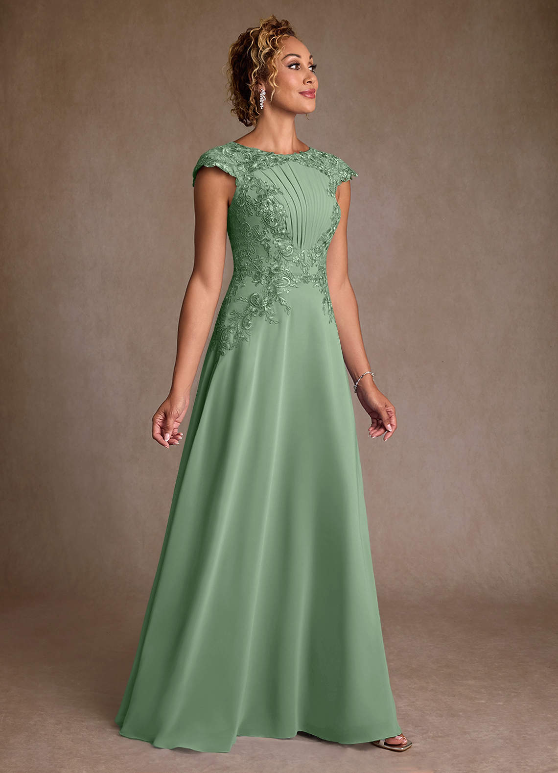 Christi A-Line Scoop-Neck Chiffon and Lace Mother of the Bride Dress in matcha