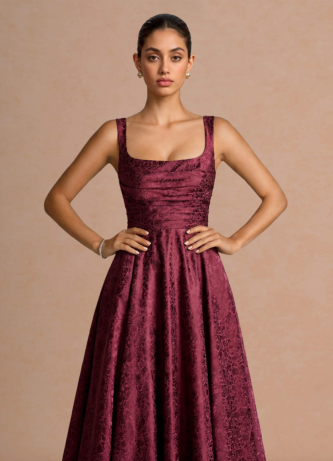Elowena A-Line Square-Neck Satin Jacquard Evening Dress in Wine