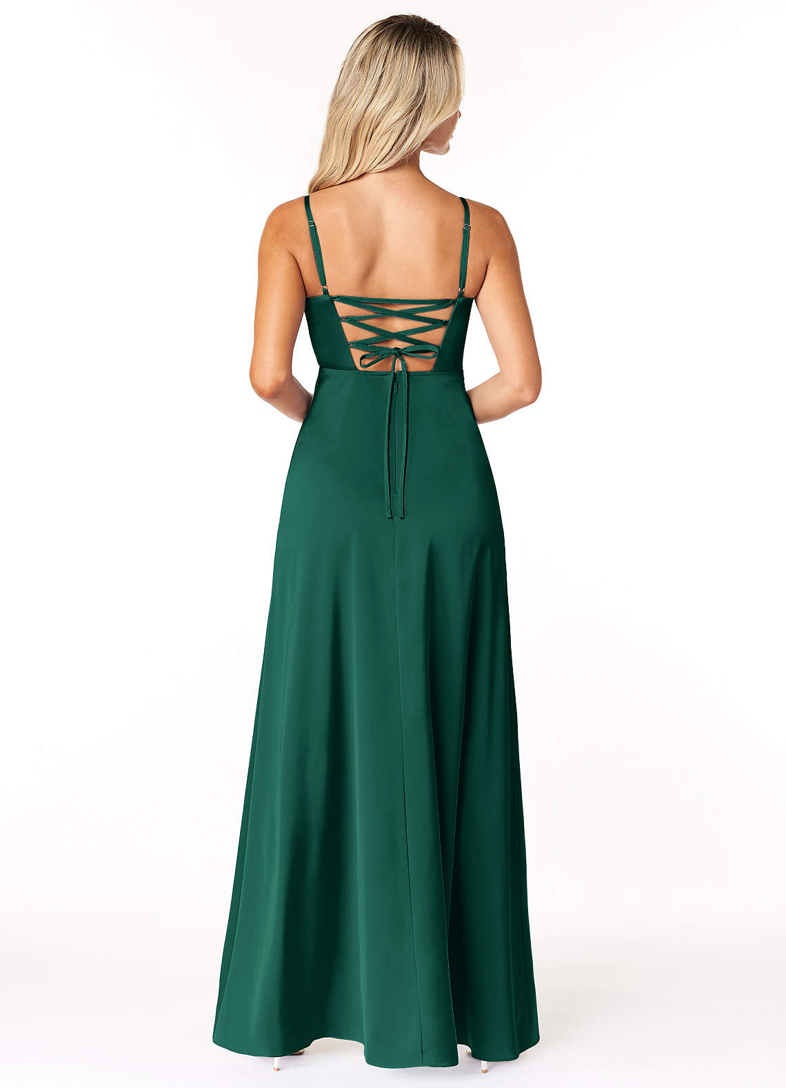 Marchella A-Line V-Neck Stretch Satin Bridesmaid Dress in Emerald