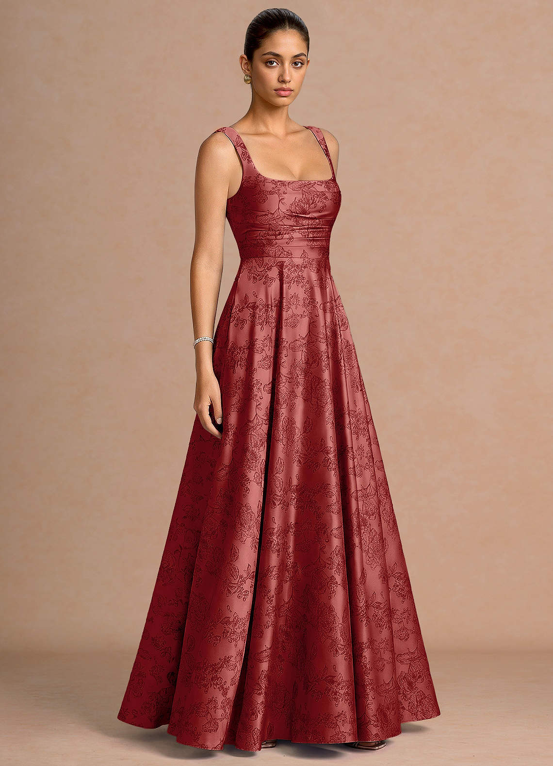 Azaria A-Line Square-Neck Jacquard Evening Dress in Orange Red