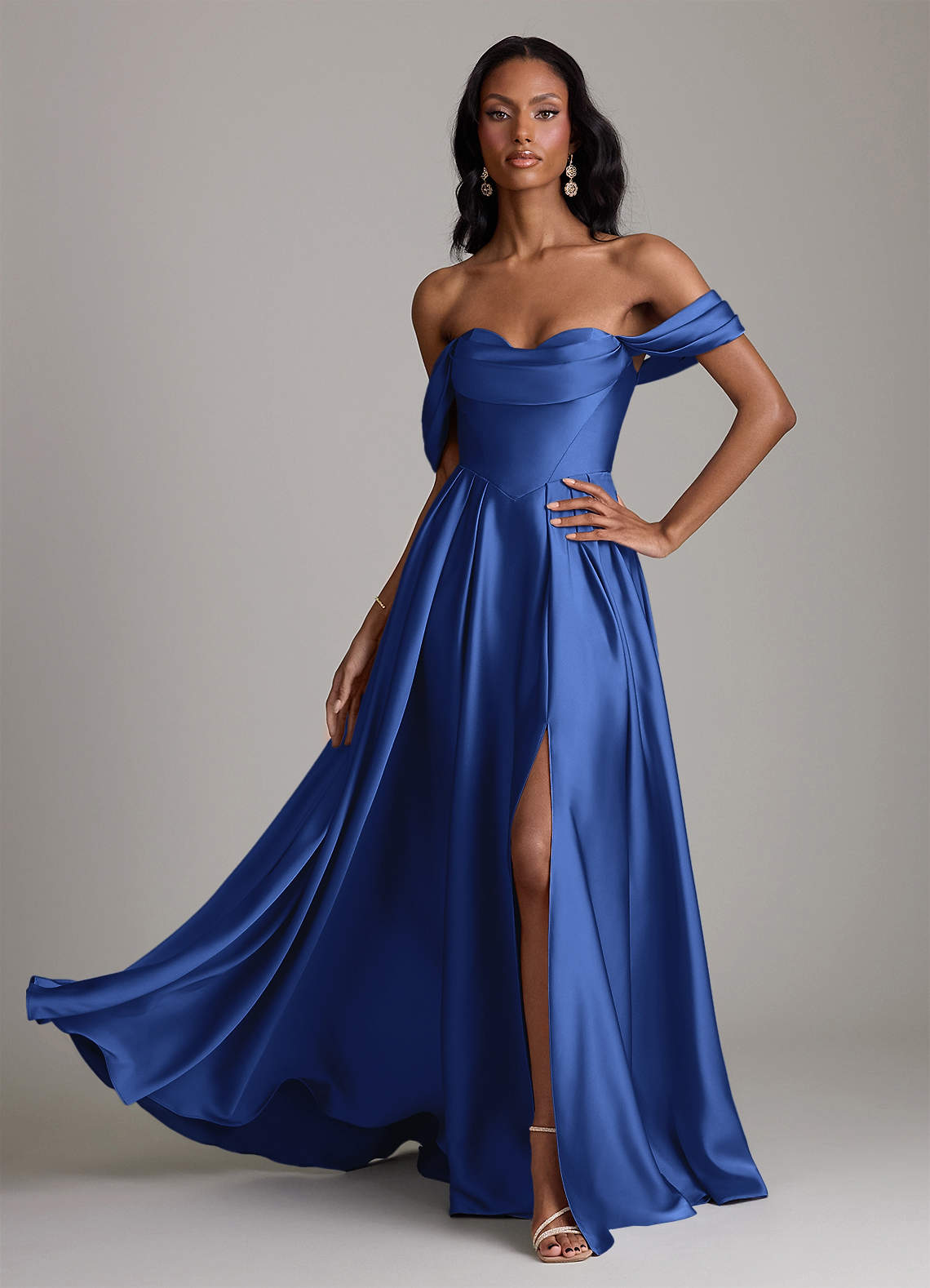 Loisa A-Line Off-the-Shoulder Stretch Satin Bridesmaid Dress in Royal Blue