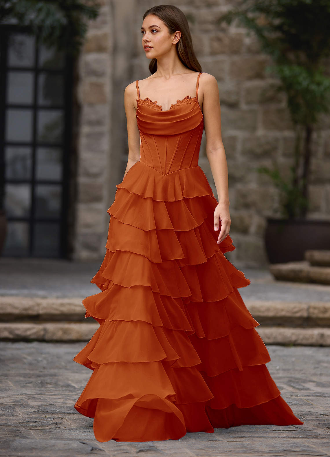 Floralace A-Line Ruffle Chiffon Evening Dress in Paprika