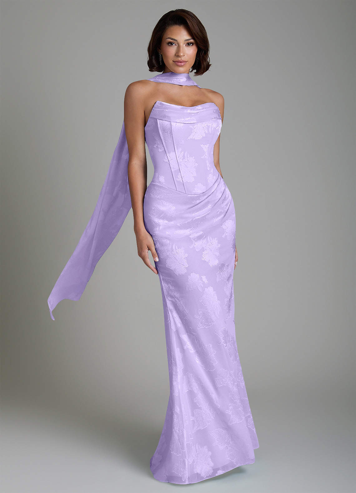 Ariah Mermaid Cowl-Neck Jacquard Bridesmaid Dress in Lilac