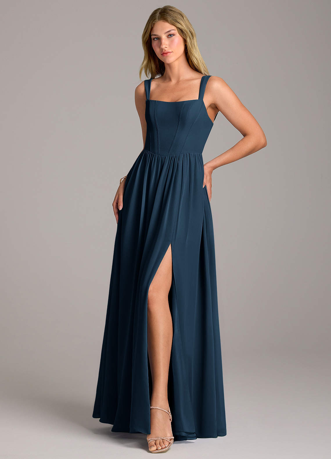 Rosaline A-Line Square-Neck Chiffon Bridesmaid Dress in Dark Navy