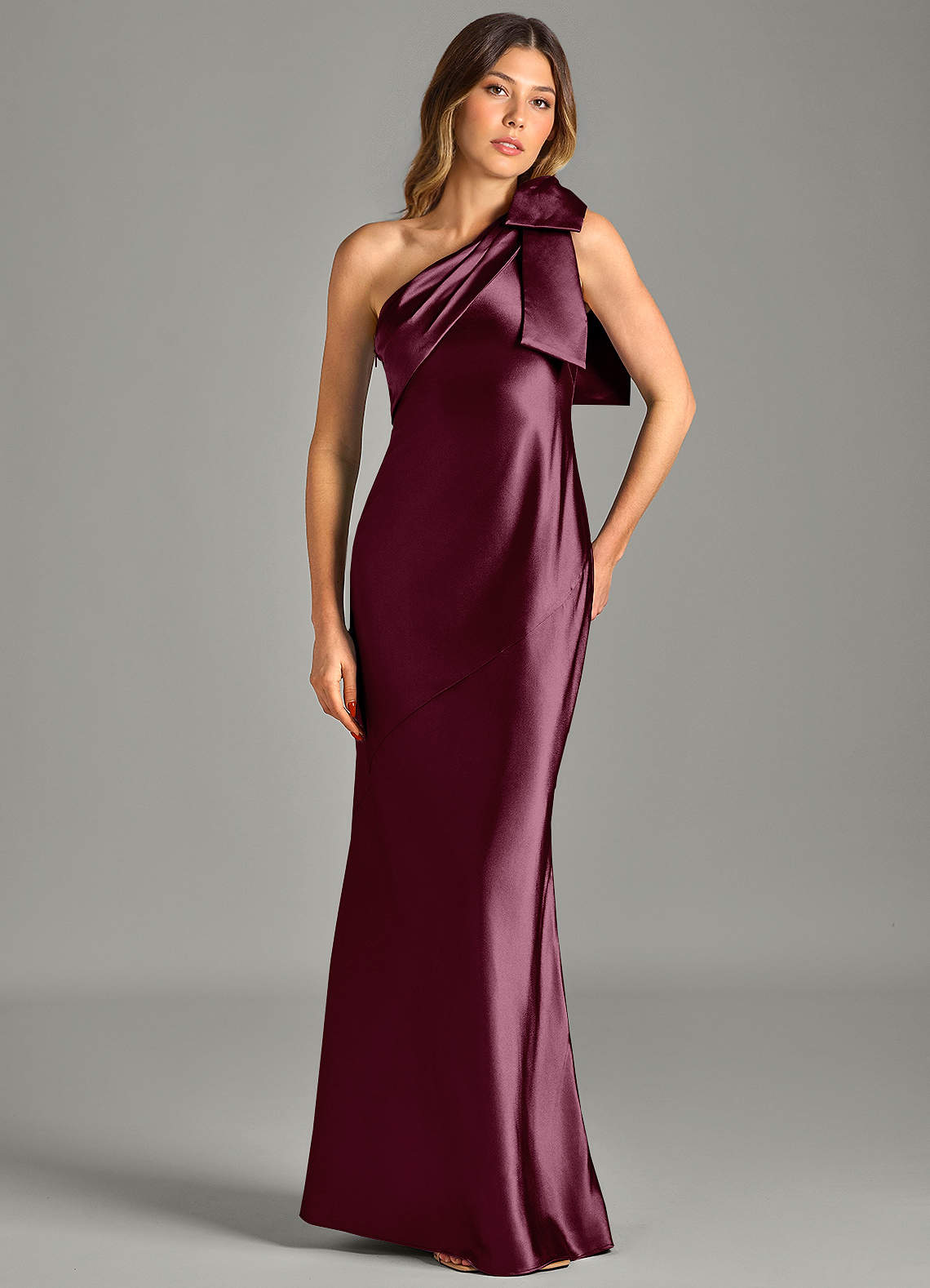 Yuanna Mermaid One-Shoulder Metallic Satin Bridesmaid Dress in Cabernet