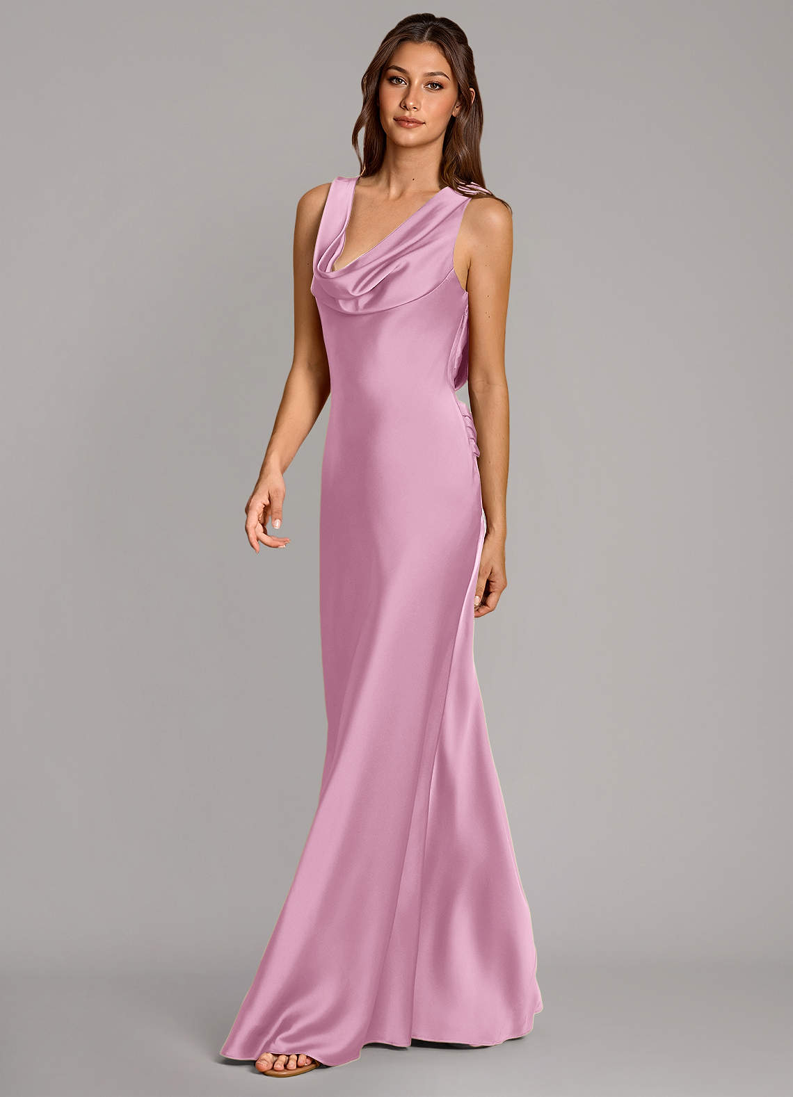 Cheryl Mermaid Cowl-Neck Stretch Satin Bridesmaid Dress in candy pink