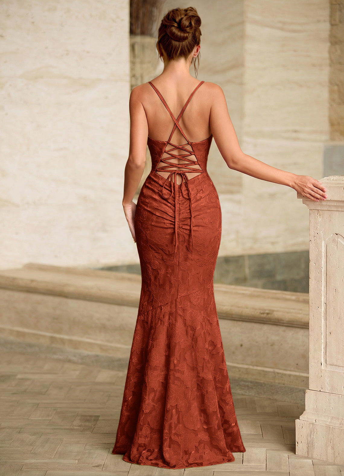 Leahenmo Mermaid Cowl-Neck Floral Burnout Prom Dress in Auburn - photo 2