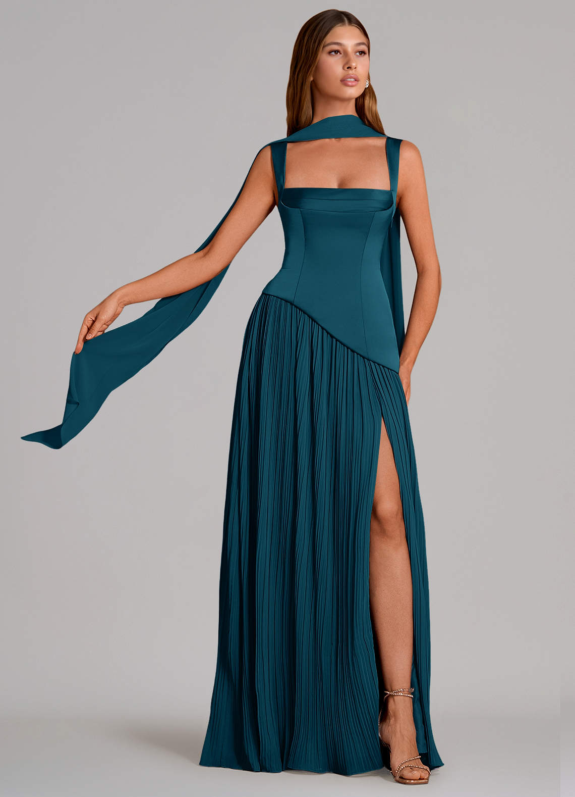 Stephanie A-Line Square-Neck Stretch Satin and Chiffon Bridesmaid Dress in Ink Blue
