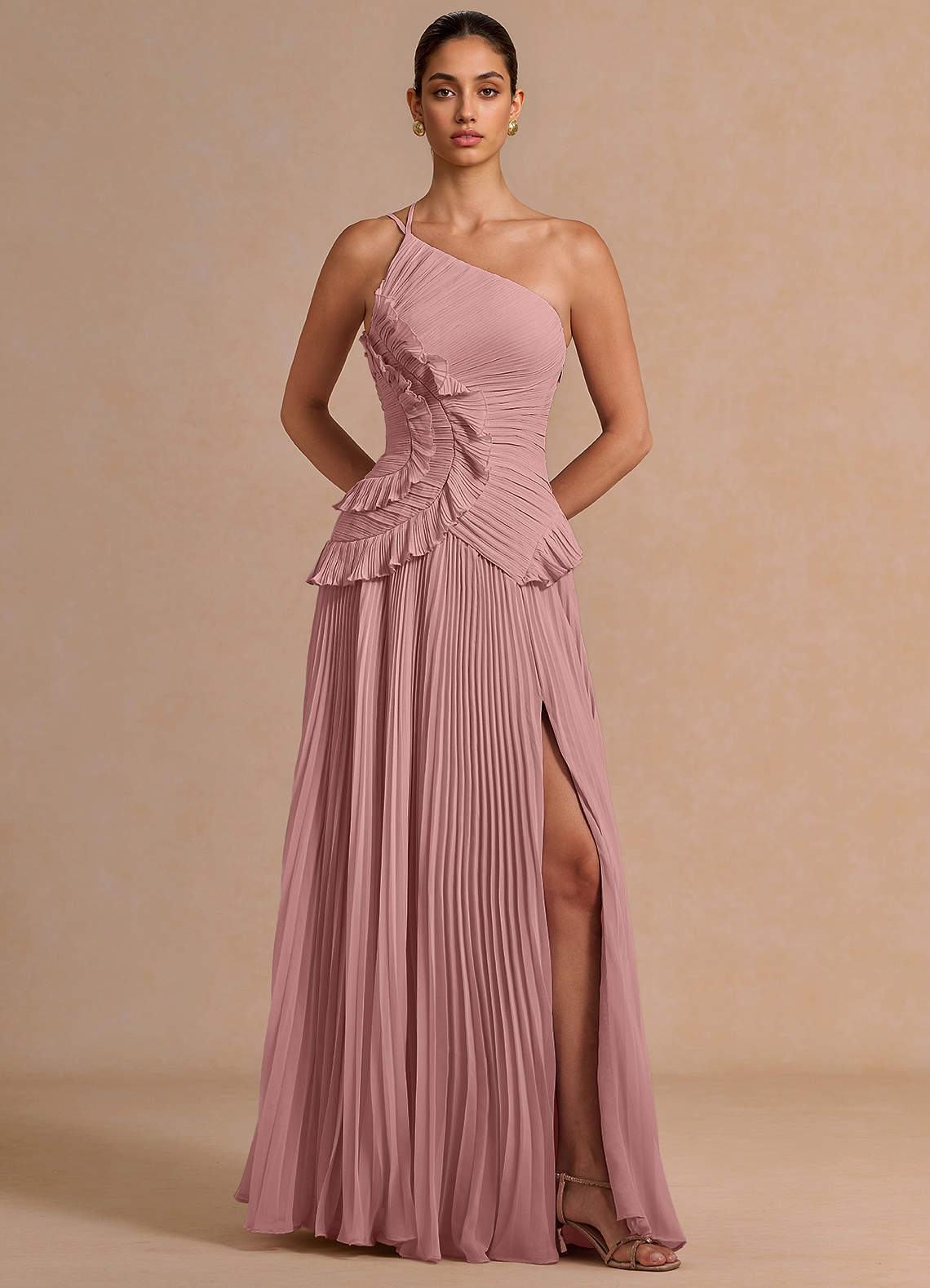 Melody A-Line One-Shoulder Chiffon Evening Dress in Herb Green