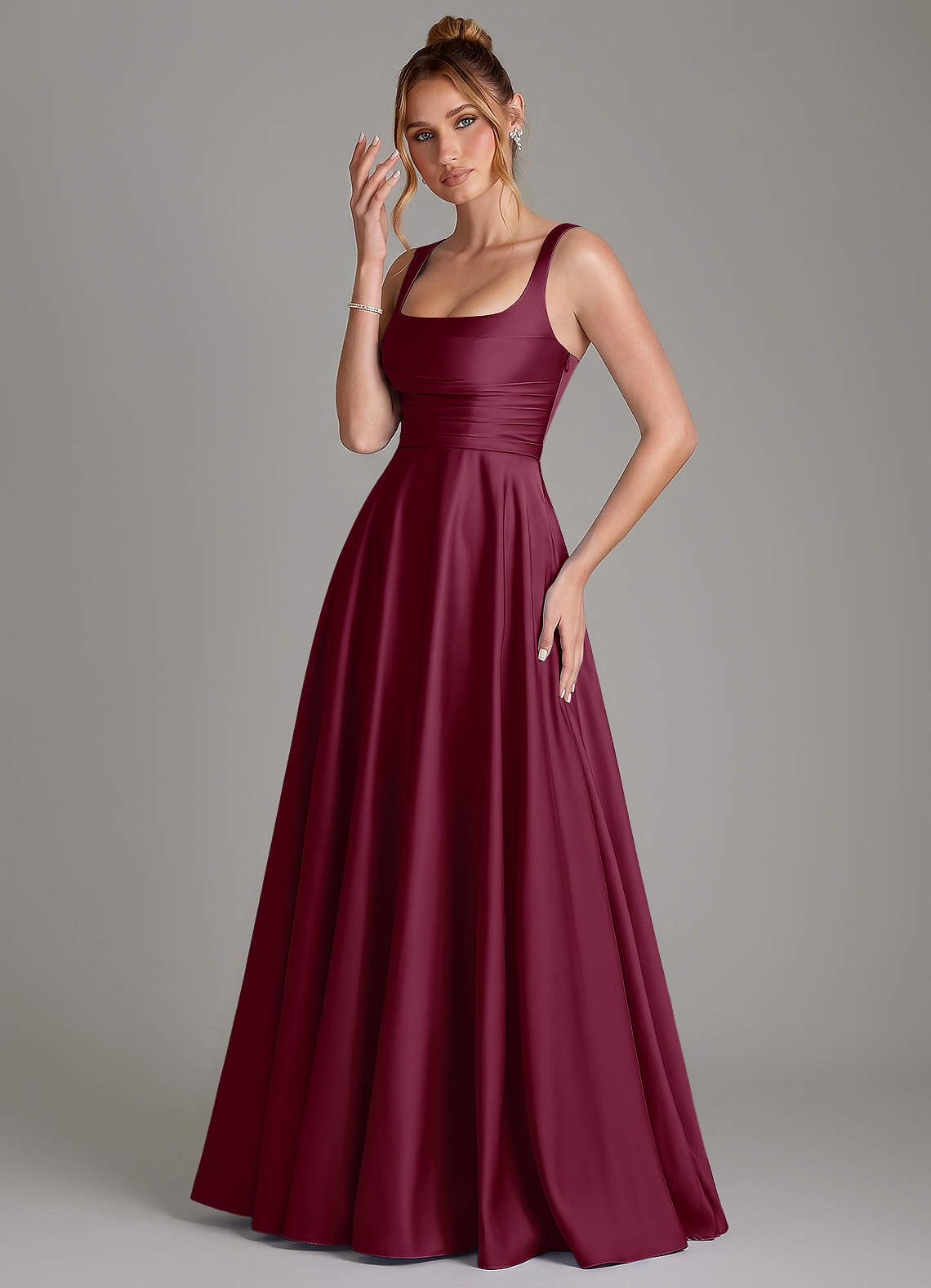Azaria A-Line Square-Neck Stretch Satin Bridesmaid Dress in Mulberry