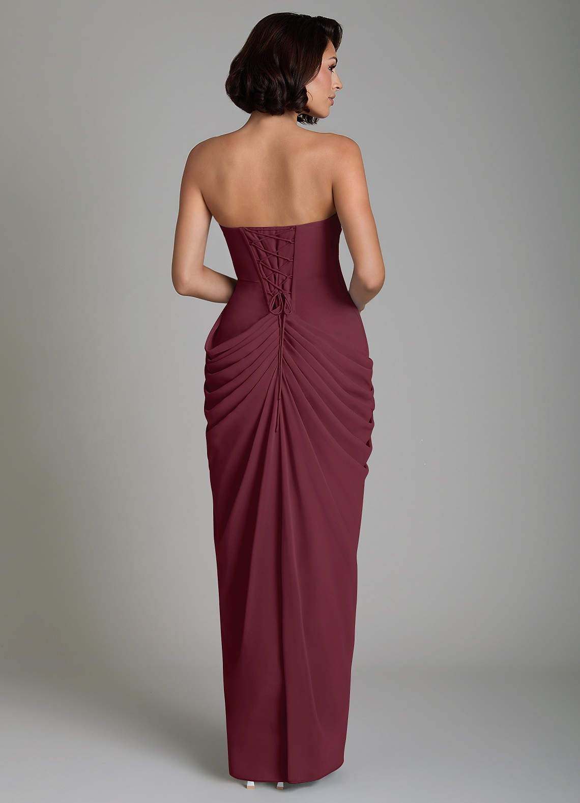 Nyra Sheath Strapless Chiffon Bridesmaid Dress in Cabernet