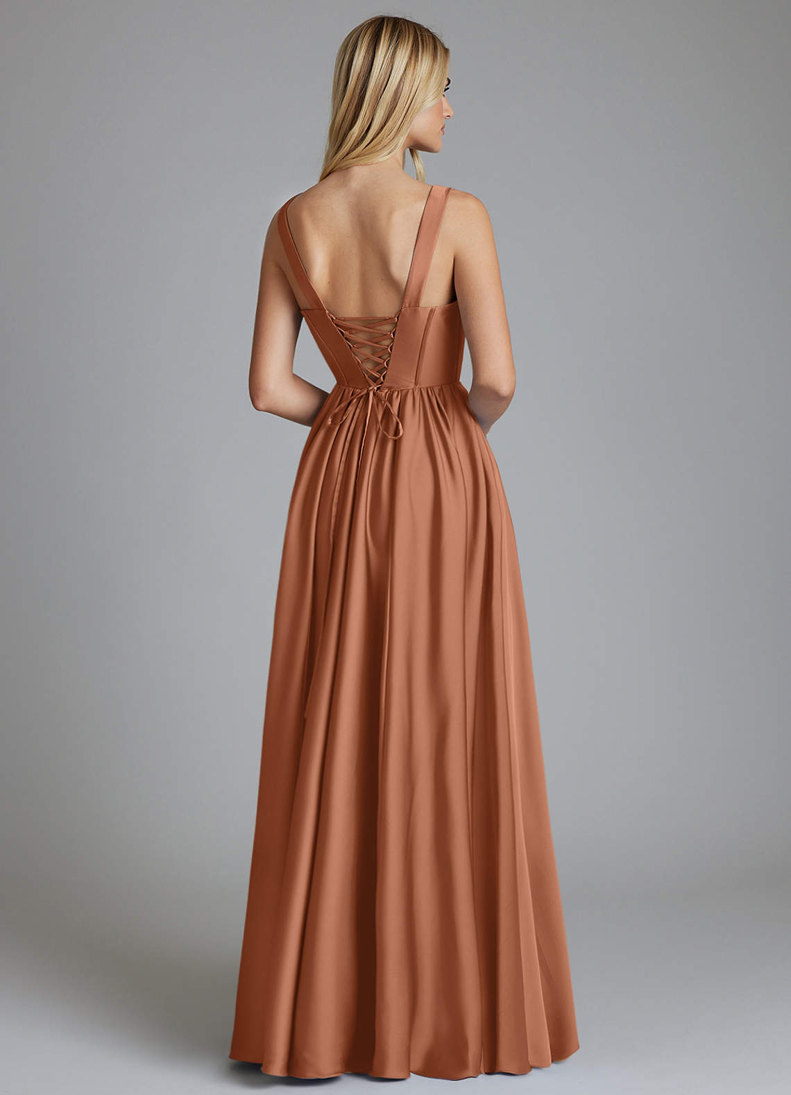 Delmie A-Line V-Neck Stretch Satin Bridesmaid Dress in Bronzer