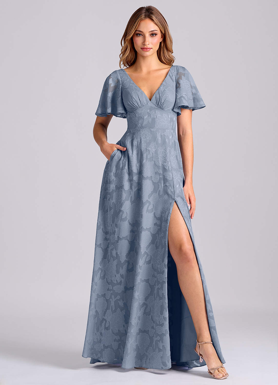 Kimber A-Line V-Neck Floral Burnout Bridesmaid Dress in dusty blue