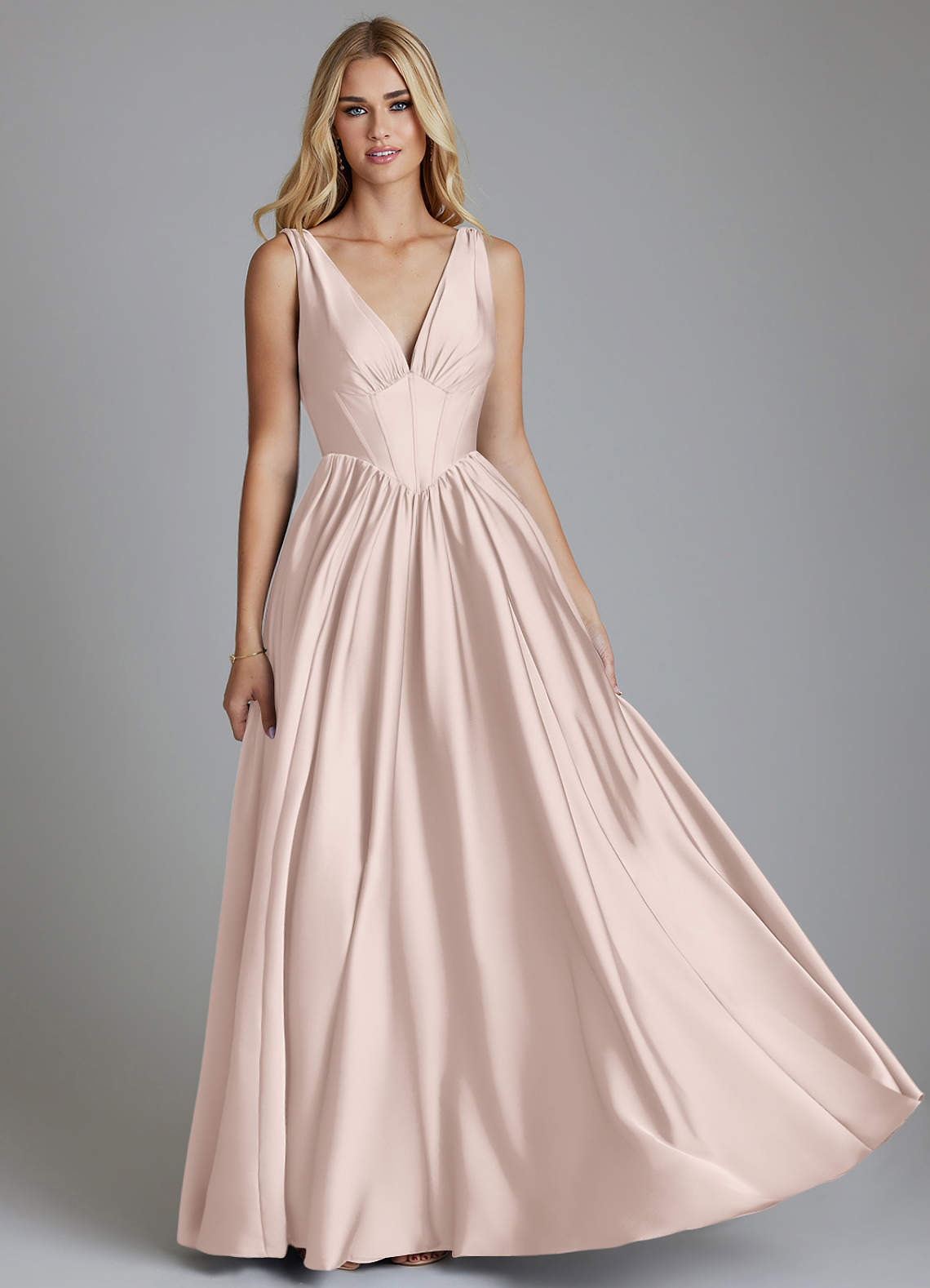 Delmie A-Line V-Neck Stretch Satin Bridesmaid Dress in Blushing Pink
